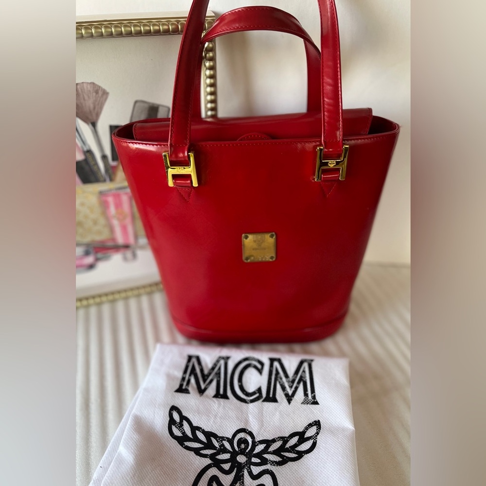 Rare MCM Top Handle Bag Red Patent Leather Bucket Bag MCM Bags MCM handbags